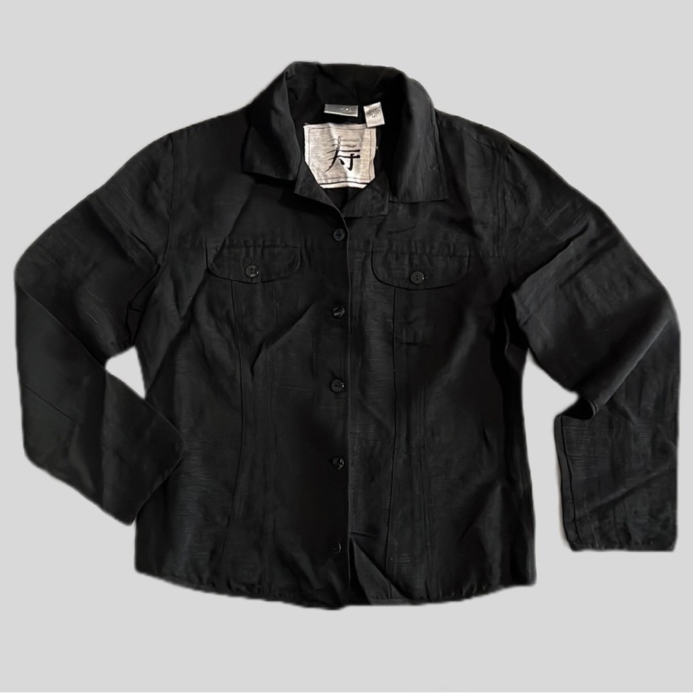 Chico's Black Textured Silk & Wool Button Down Shirt Blouse Jacket Size 1